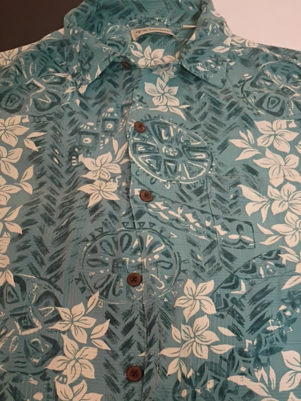 Caribbean Mens Teal Hawaiian Floral Button-Down Short Sleeve Shirt Casual